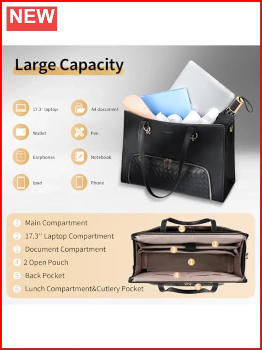 Women's PU Leather Laptop Tote Bag with Insulated Lunch Compartment, 17.3 inch,